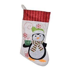Penguin With Gift Handmade Felt Christmas Stocking Holiday Decor Never Used